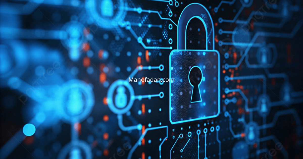 Abstract visualization of a glowing blue digital lock representing cybersecurity, data privacy, and blockchain network encryption - Manofadan.com