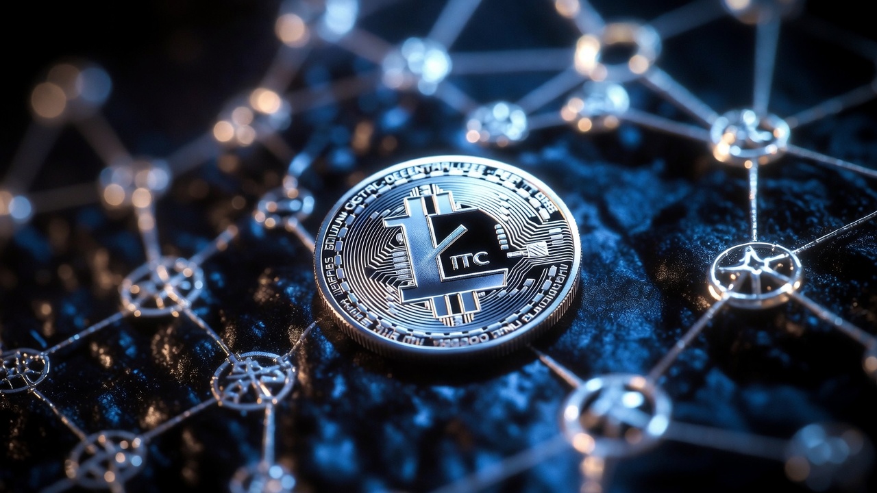 A physical silver Litecoin (LTC) coin resting on a dark surface, surrounded by a glowing blue digital blockchain network